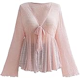 OYOANGLE Women's Plus Size Textured Bell Long Sleeve Tie Front Sheer Blouse V Neck Split Hem Ruffle Fairy Tops