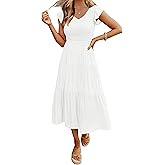 MEROKEETY Women's Summer 2026 Casual Midi Dress Flutter Sleeve V Neck Smocked Tiered Beach Vacation Dresses