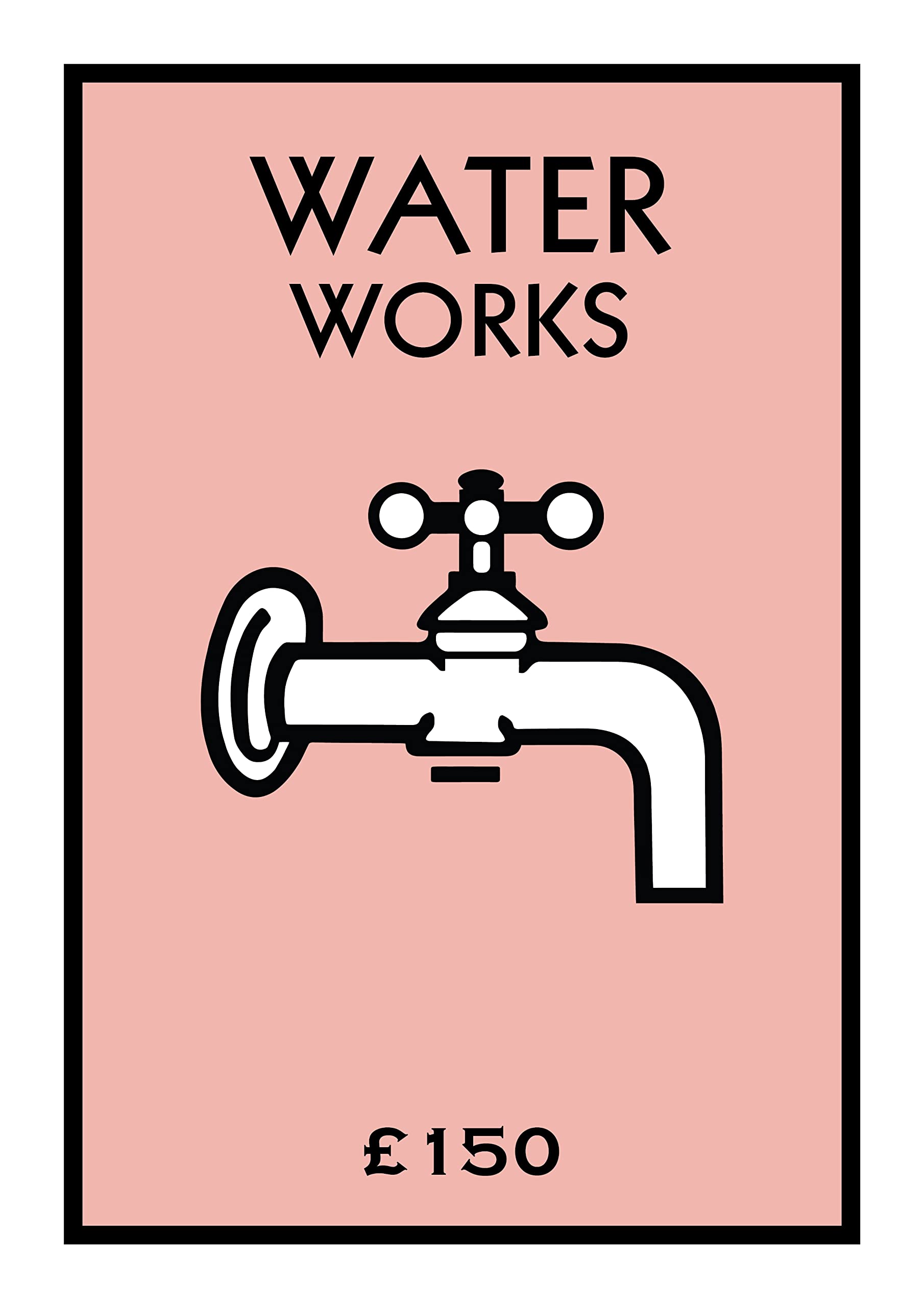 Water Works Monopoly Style Bathroom Print, Wall Art, Kitchen Poster, New Home Decor, Wall Art, Gallery Wall, A4 A3 A2 Personalised Gift Housewarming New Home (Hot Pastel Pink, A3 Unframed)