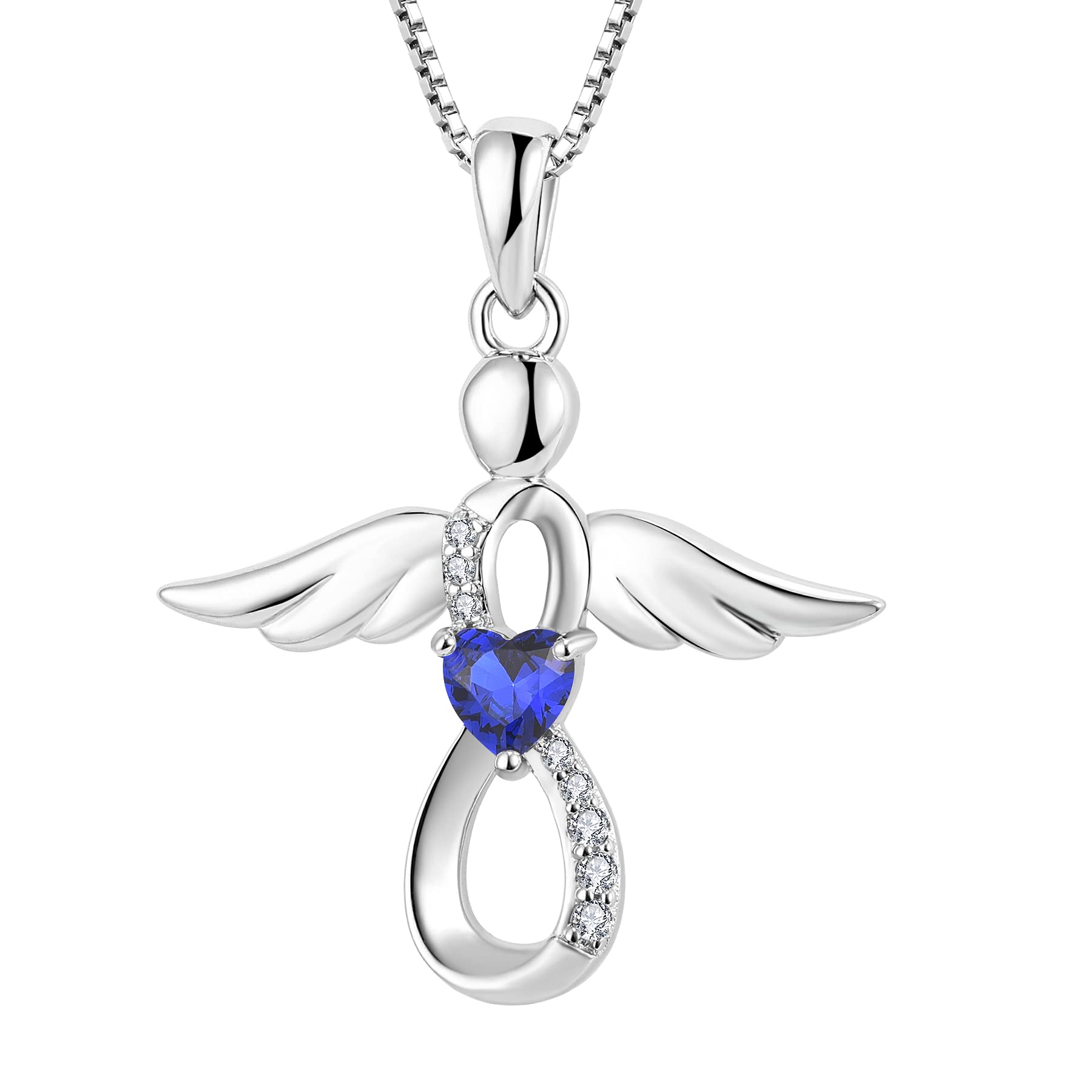 FJ Guardian Angel Necklace 925 Sterling Silver Infinity Pendant Sapphire Necklace September Birthstone Jewellery for Women