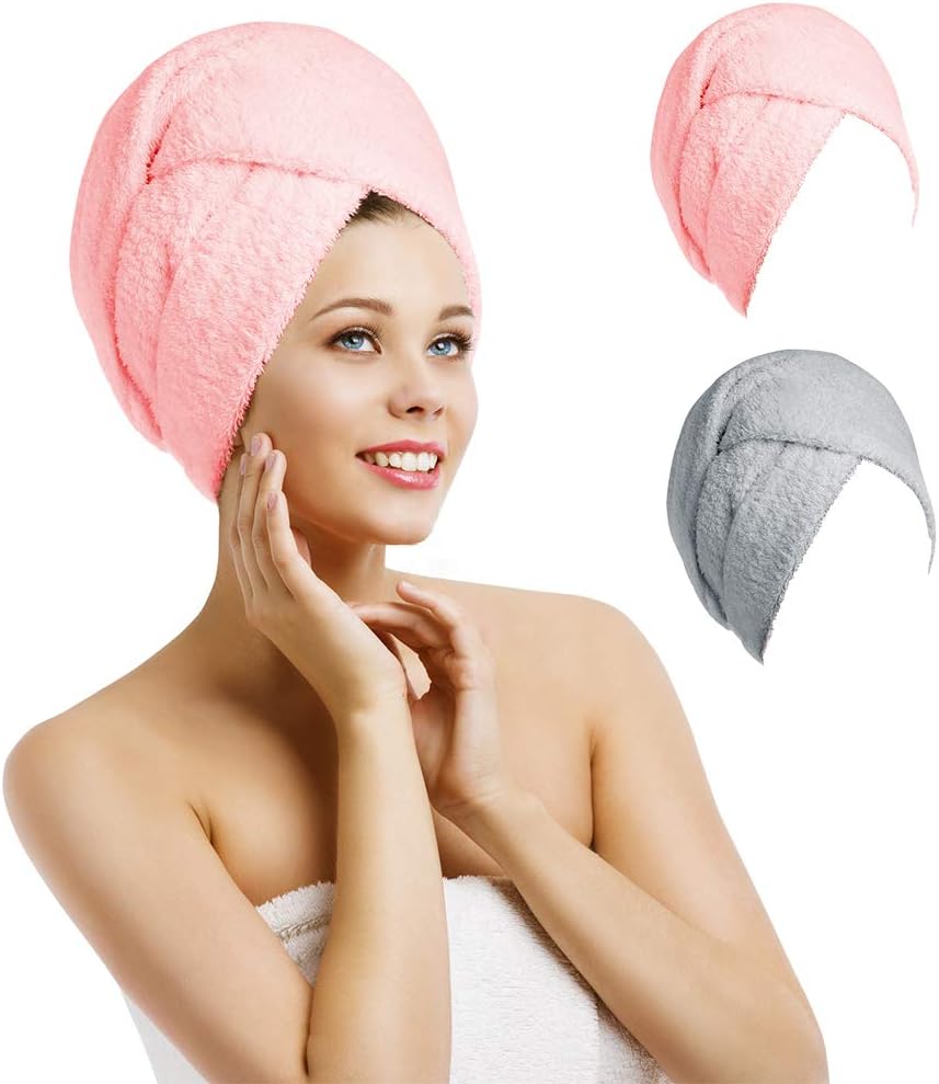 Aerb Drying Hair Towels, Super Absorbent Quick Dry Polyester Hair Towel with Loop and Button Fastenern to Dry Hair Quickly, 63 * 25cm(2 Pack)