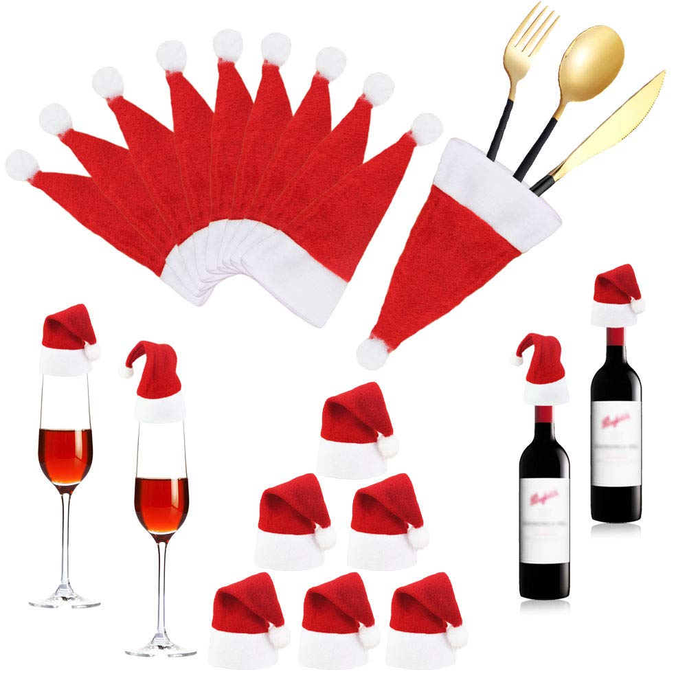 BUZIFU 20 PCS Mini Santa Hats Christmas Cutlery Holders Red Santa Claus Hat Christmas Silverware Holders Card Santa Hats Plush Tiny Hat Wine Bottle Cap for Christmas Dinner Table Decorations