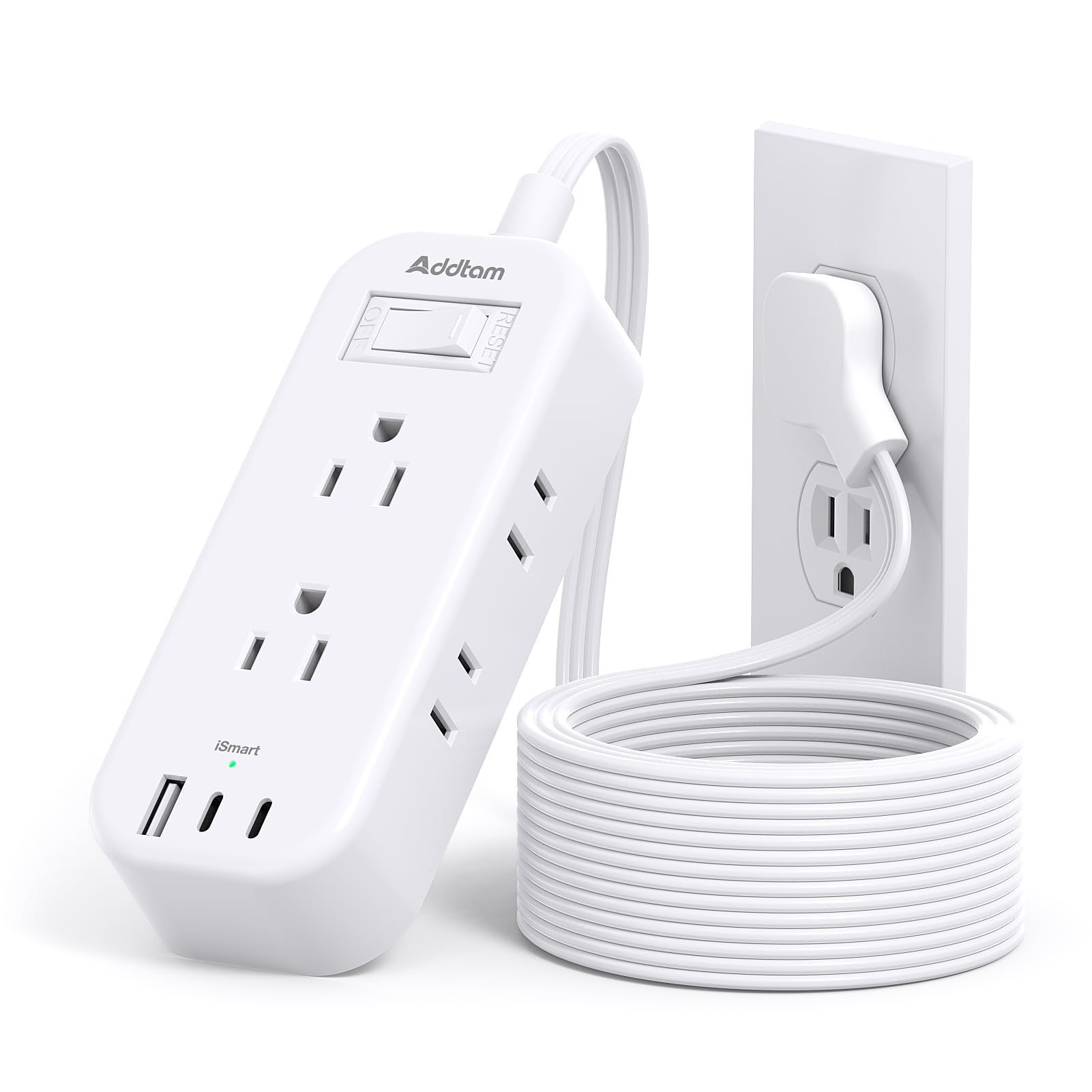Photo 1 of 10Ft Extension Cord with Multiple Outlets, Addtam Flat Plug Power Strip Surge Protector Long Cord, Outlet Extender with 6 AC Outlets 3 USB (2 USB C), Multi Plug for Home College Dorm Room Essentials