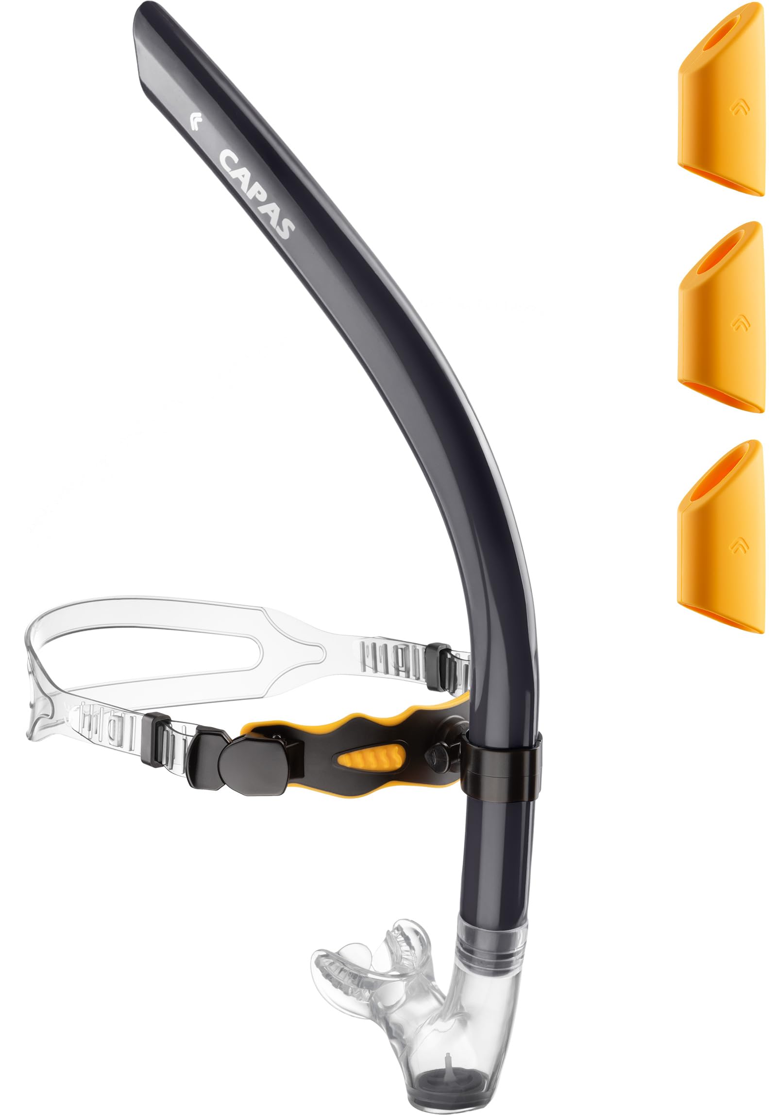 CAPAS Training Swim Snorkel for Lap Swimming, Ultimate Fit Center-Mount Swimmers Snorkel with Liquid Silicone Mouthpiece Adjustable Strap Swivel Headband, Designed for Adult Men Women (Black Orange)