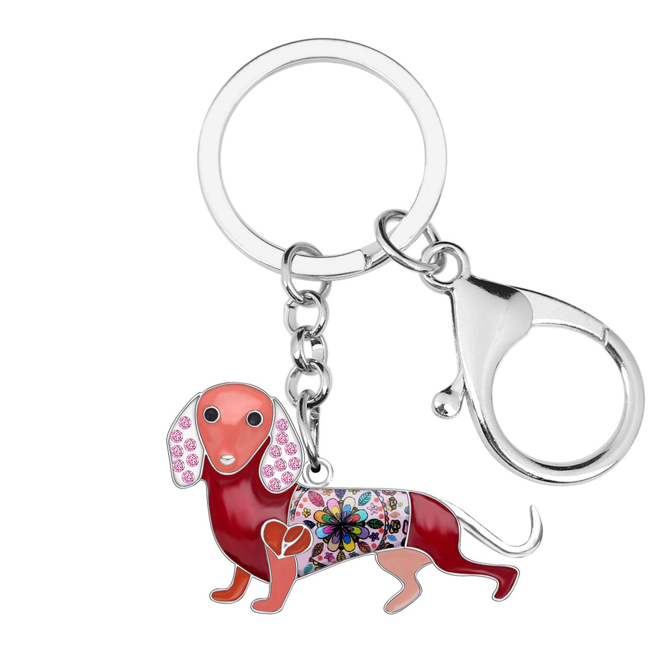 BONSNY Enamel Metal Heart Rhinestone Dachshund Dog Key Chains For Women Kids Car Purse bag Rings Charms Pets Gift (Red)