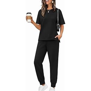 Ekouaer Womens 2 Piece Lounge Sets Short Sleeve Top and Pants Outfit | Casual Side Split Shirts & Comfy Jogger Matching Set f