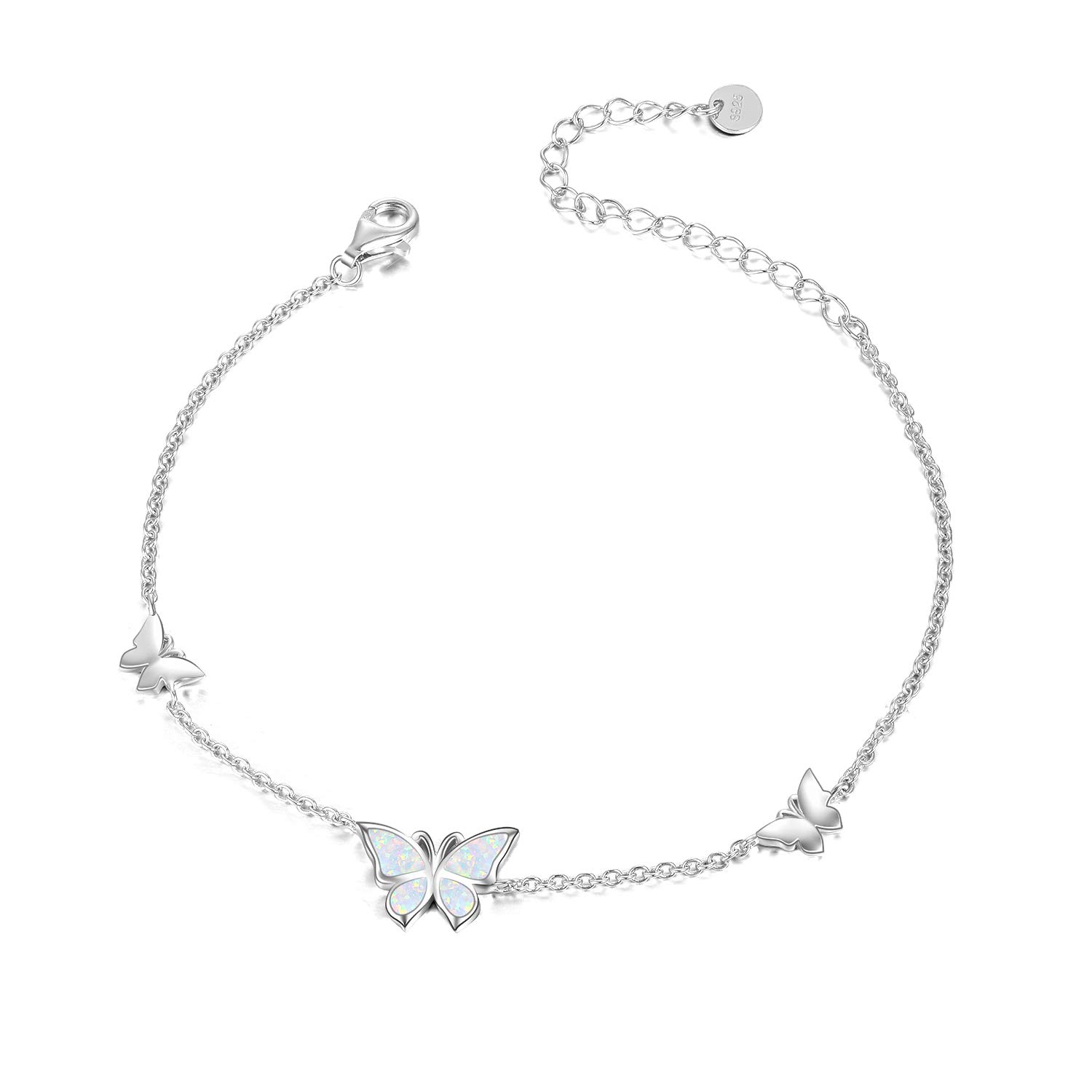 WINNICACA Butterfly Opal Anklet S925 Sterling Silver White Gold Bangle Jewellery for Women Girl Gifts