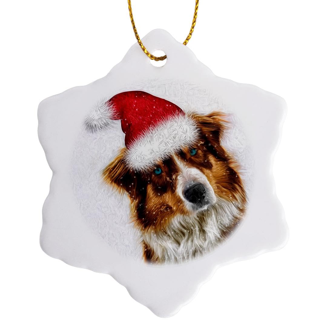 3dRose Cute Australian Shepherd Dog in Santa Hat Snowy Painting Snowflake Ornament, Multi-Colour, 3-Inch