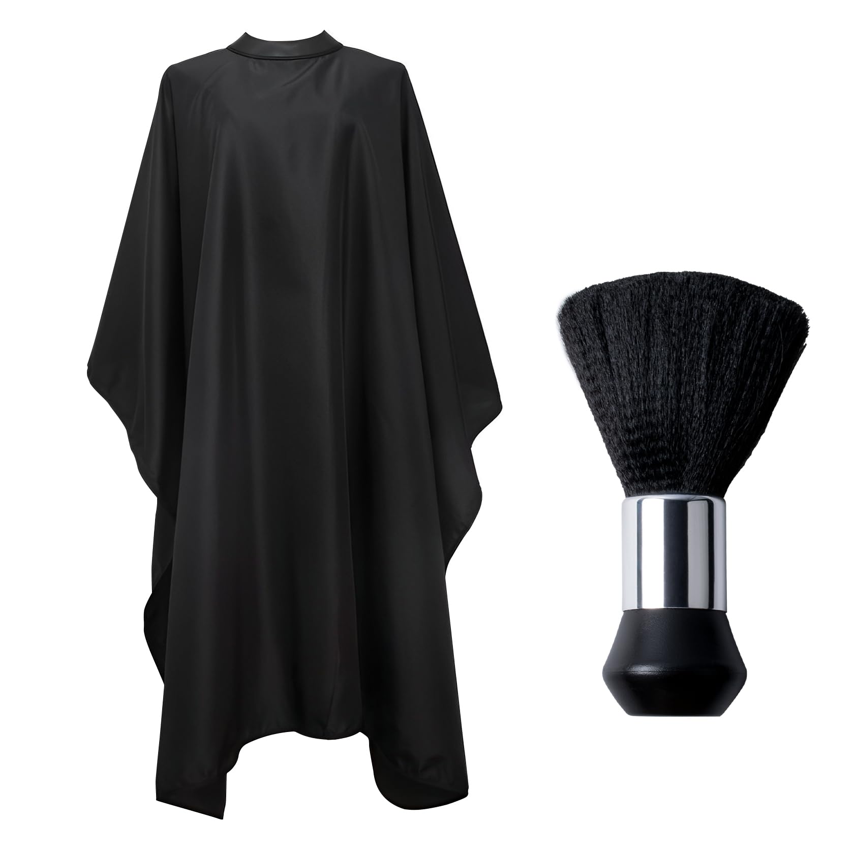 MEGAVOW Black Salon Hair Cutting Gown Barber Cape Cloth and Barber Neck Duster, Professional Hair Cutting Cape with Adjustable Button Closure Salon Accessories Styling for Men Women