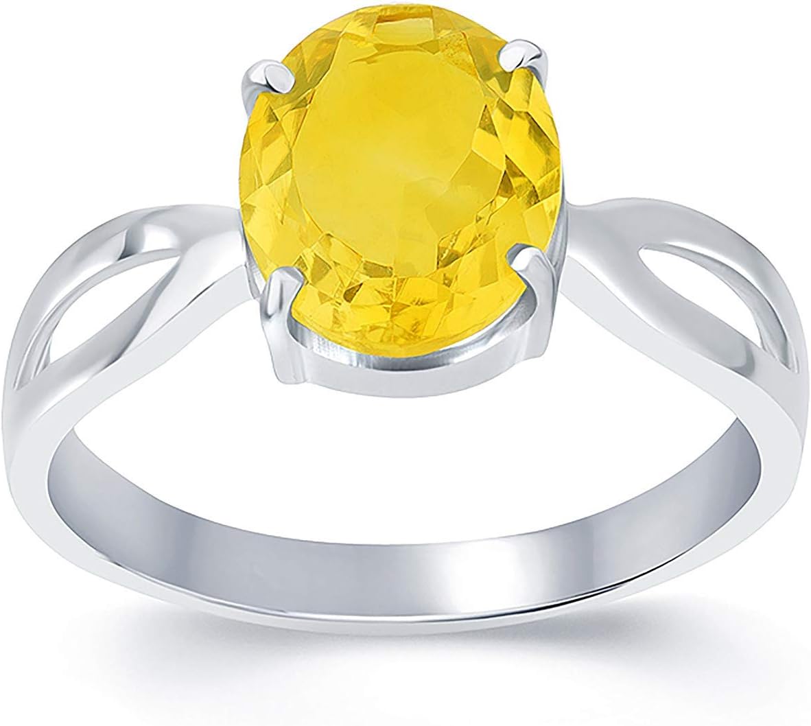 Certified Yellow Sapphire (Pukhraj) 5 Carat Natural Stone Oval shape Silver Plated Metal Ring (Size - 12 to 18 Adjustable) by Pride Gems