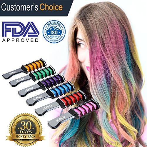 Temporary Hair Chalk Comb Color - Osehoa Hair Chalk for All Hair Colors - Built in Sealant, For Kids Hair Dyeing Party and Cosplay DIY, 6 Colors - Free Ebook Included - The Best Hair Chalk Set