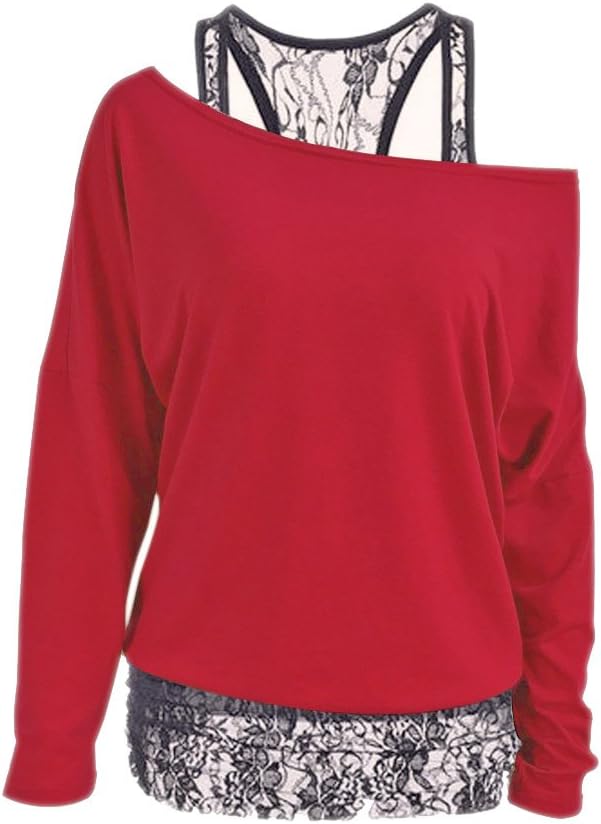 KIRIN Womens T Shirts Long Sleeve Ladies Off The Shoulder Sweatshirts Lace Tops Sexy Blouse Plus Size