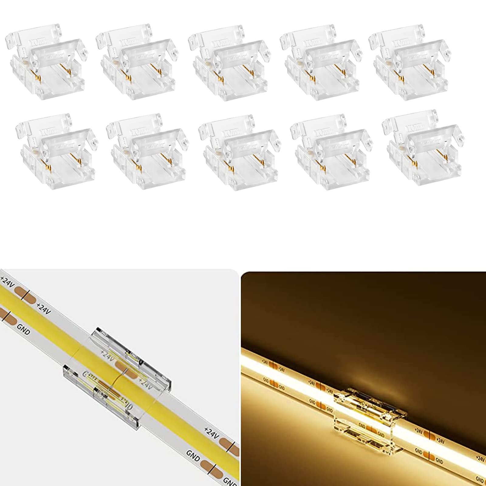 Amefil 2 Pin 10mm Cob LED Strip Connectors,DC Female Input with Easy Click Connector Cable,Strip to Strip Quick Connection for Singel Color COB LED Strip (2p10mmBB)
