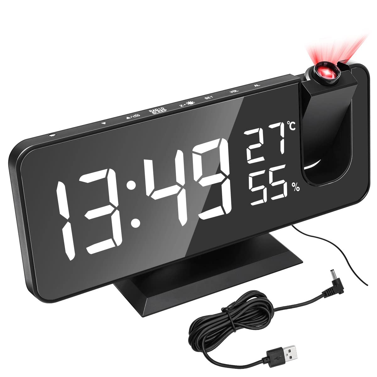 Hsthe Sea Projection alarm clock for bedroom, digital alarm clock with large LED display, radio alarm clock with USB charging port,adjustable brightness, temperature and humidity display