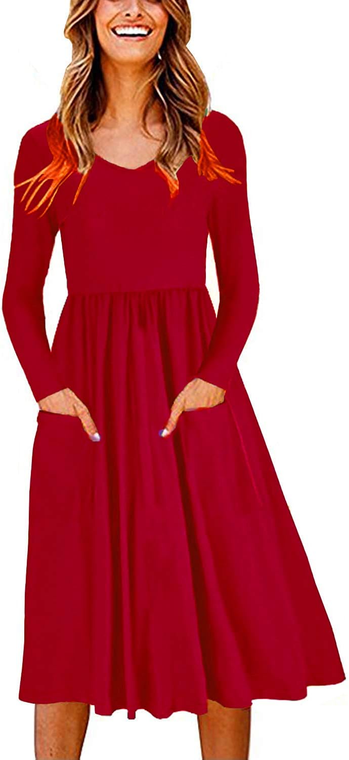 MISSLOOK Women's Long Sleeve Dress T Shirt Swing Dresses Casual Flare Midi Dress with Pockets
