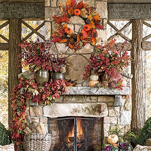Nahuaa 20" Fall Wreath for Front Door Artificial Autumn Maple Leaf Garland with Fake Pumpkins and Pine Cone for Home Office Yard Indoor Outdoor Thanksgiving Harvest Halloween Display Decoration