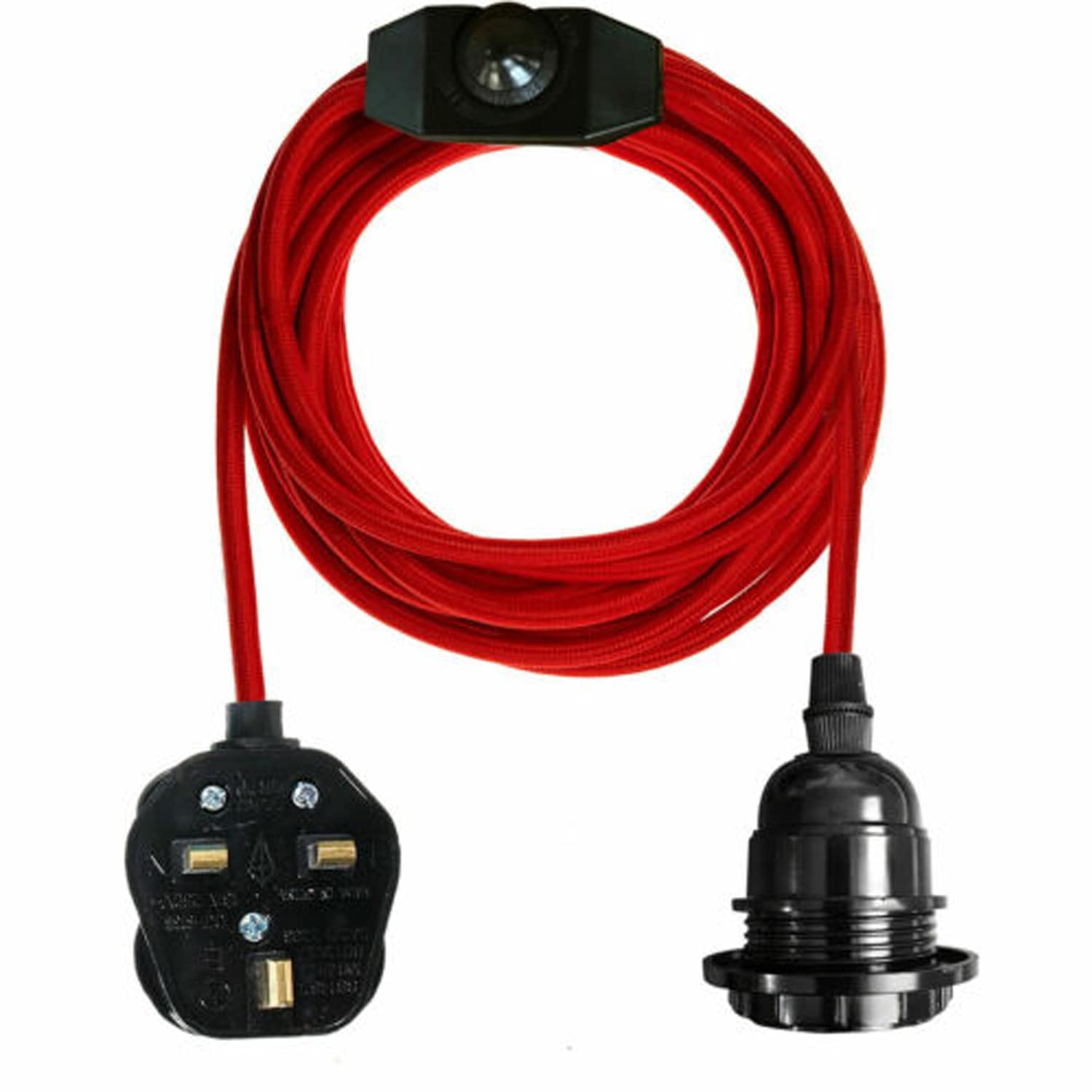 Vintage Plug in Pendant Light Kit with Fabric Flex Cable 2m Hanging Light Fitting with E27 Bulb Socket and Plug with Switch Ideal for Home, Studio, Office, Café, or Decorative Lighting (Red)