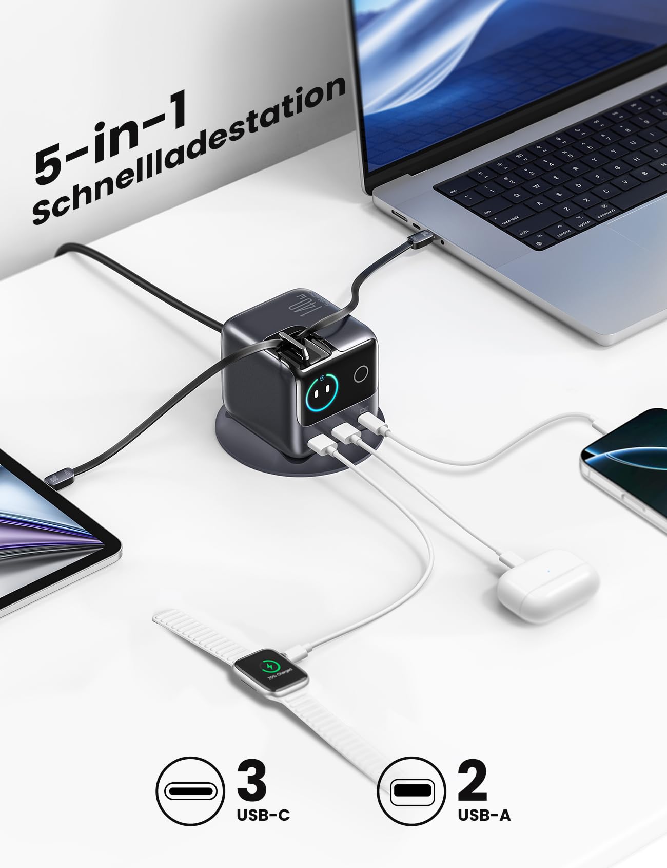 JOYROOM PODIX 140W 5‑in‑1 GaN Ultra Ladelstation, USB‑C Schnellladegerät mit 2 retraktablen 100W Kabeln (80 cm), 1,54" Smart LCD‑Anzeige, kompatibel mit MacBook, iPhone, Samsung | Für Büro & Zuhause 3