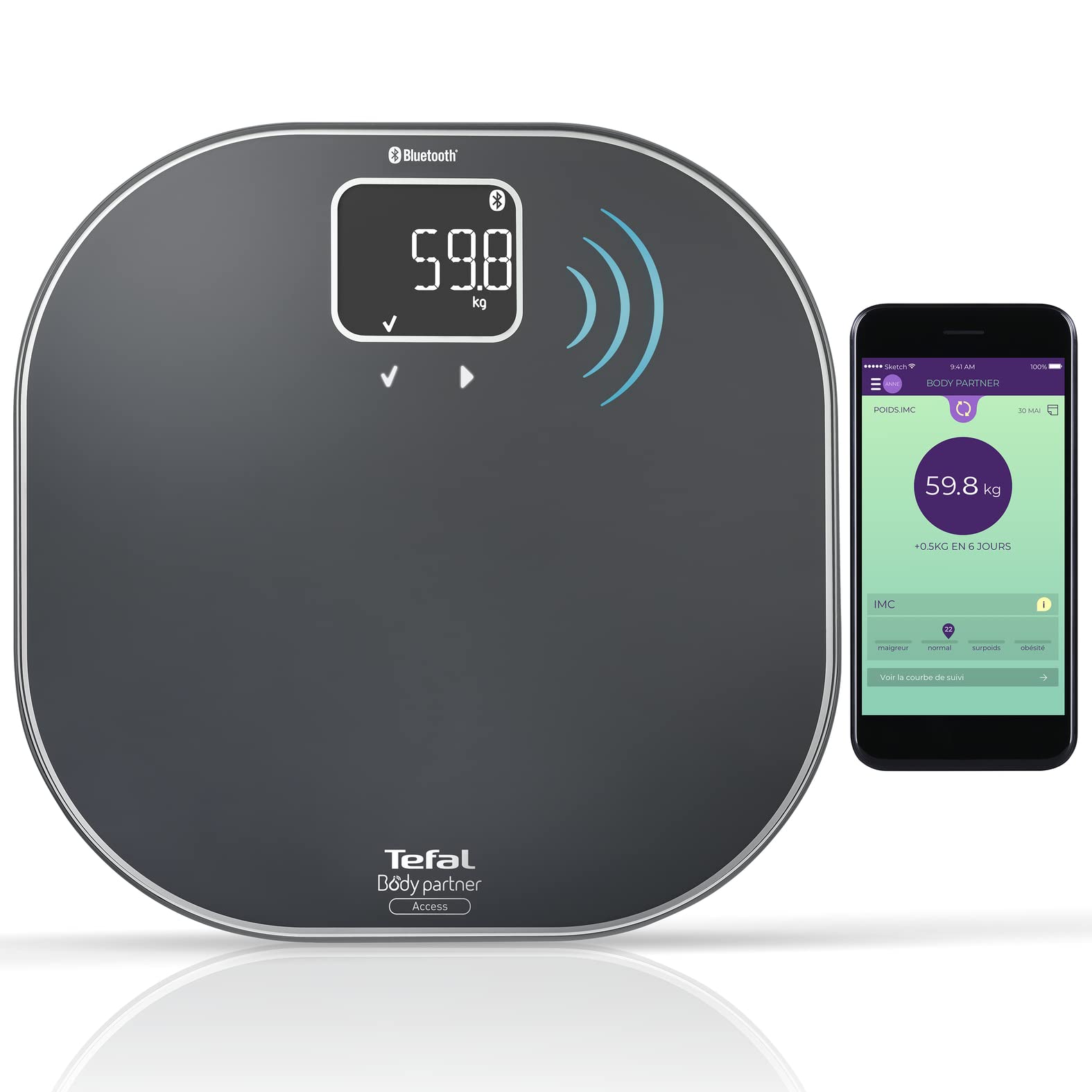 Tefal Body Partner Access Smart Connected Personal Scale with Exclusive Sports and Nutritional Coaching Integrated into the Body Partner App PP9500S1