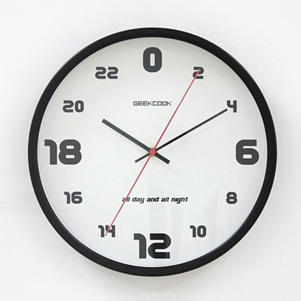 WerFamily GEEKCOOK 24-hour Wall Clock, 12-Inch, Silent Non-ticking, White Dial / Round Black Metal Frame