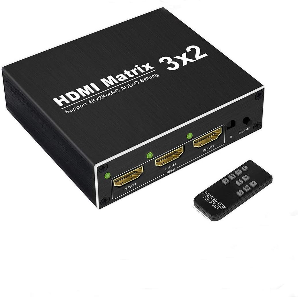 HDMI Matrix, 4K 60Hz HDMI Matrix Switch 3x2 With IR Remote STBOHKSD HDMI Switcher Splitter with Optical Toslink (SPDIF) and 3.5mm Stereo Audio Extractor Supports ARC Function,Support 4K@60Hz