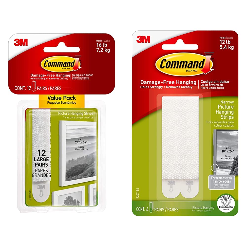 Command Picture & Frame Hanging Strips Value Pack, Large, White, 12-Pairs & Narrow Picture Hanging Strips, Pack of 4 x 2 Adhesive Strips, White - Damage Free Hanging - Holds up to 5.4 kg