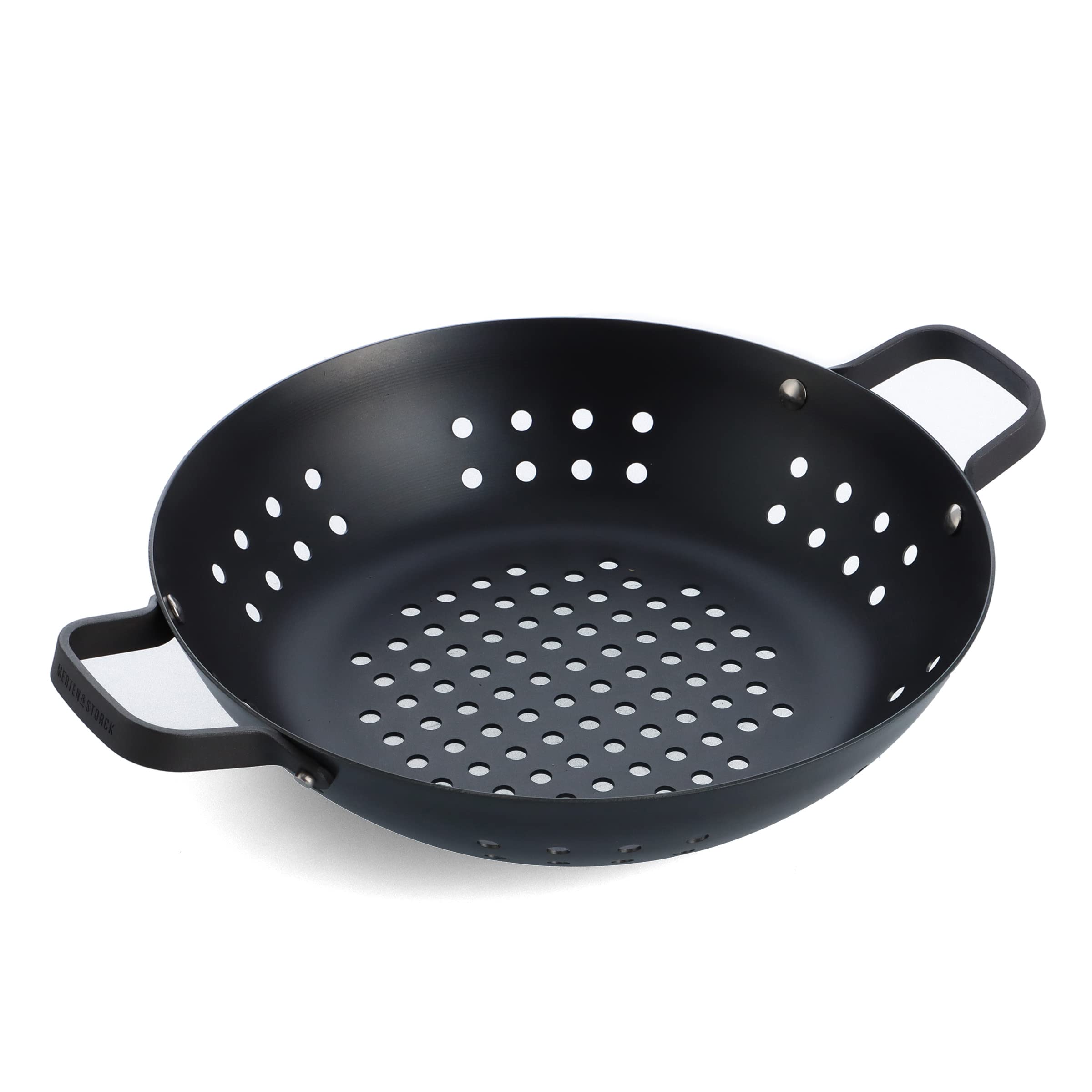 Merten & Storck Carbon Steel BBQ Perforated Wok Pan 30cm, Perforations for Oil and Fat Drainage, Barbecue, Camping, Grill, Outdoor Cooking, Black