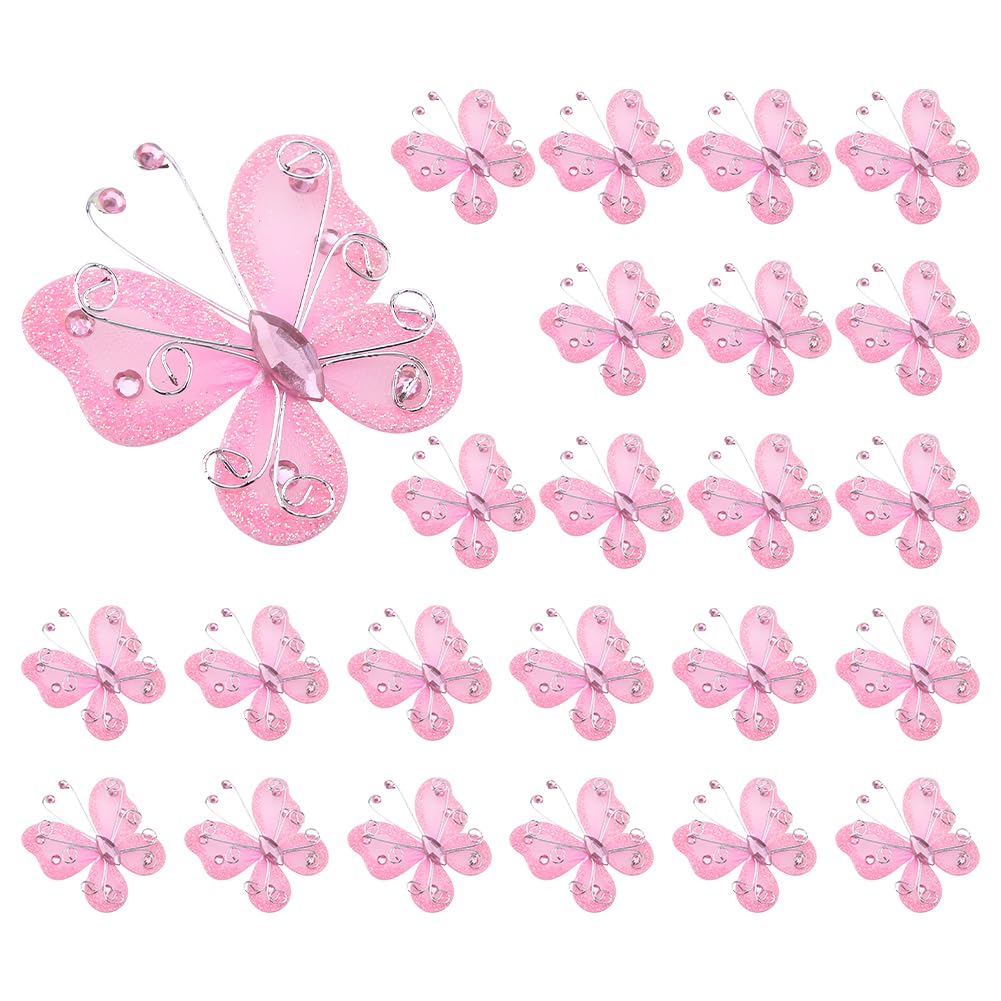 Organza Butterflies, 24pcs Sheer Mesh Wire Glitter Butterfly Fabric Butterflies Wedding Party Clothing Decoration DIY Supplies(Pink)