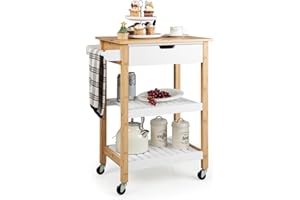 SILKYDRY Rolling Kitchen Island, Bamboo Island Cart with Drawer, 2 Open Shelves, Towel Handle, Mobile Butcher Block Food Prepping Trolley Cart on Wheels for Dining Room, Living Room (Natural)