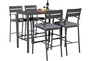 Soleil Jardin Outdoor Aluminum 5-piece Bar Set, Dining Bistro Pub Set, Patio Bar Height chairs with Cushion & Slatted High Top Table for Backyard Garden Pool, Dark Grey