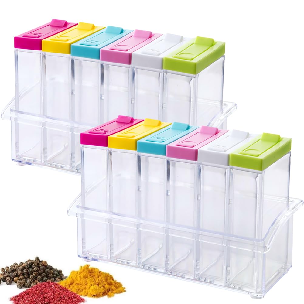 Photo 1 of 12 PCS Colorful Spice Shaker Jars, Salt and Pepper Shakers Set, Seasoning Shaker Boxes Condiment Set, Anberky Plastic Spice Dispenser Case Clear Seasoning Storage Container Bottle with Lid & Tray (#B)