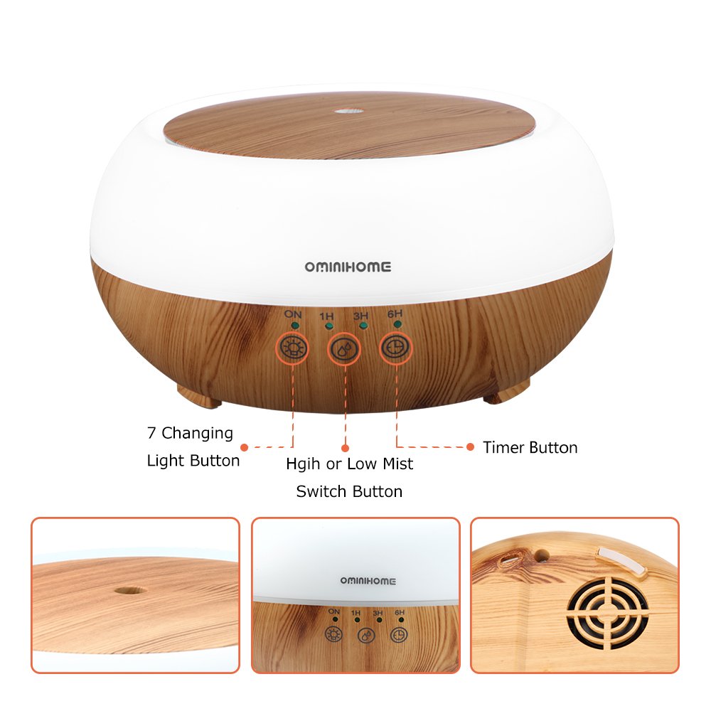 Ominihome Aromatherapy Essential Oil Diffusers, 300ml Ultrasonic Air Humidifier with 4 Timer Settings,7 Color Changing LED Waterless Auto off Wood Grain, 2 Mist Mode, College Graduation Gift