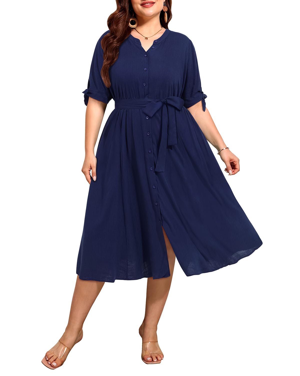 Photo 1 of Women's Summer Casual Dress Plus Size Navy Blue Work Midi Shirt Button Down Half Sleeve Pockets Sundress
