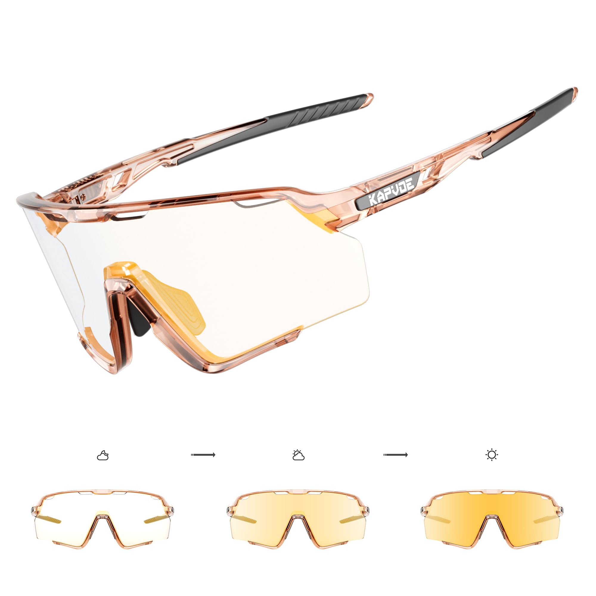 KAPVOE Photochromic Cycling Glasses Sports Sunglasses Clear UV400 Protection Women Men Bike Goggles Running MTB BMX Bicycle Fishing Riding Golf Driving Softball Baseball GO10