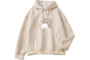 KEEVICI Women Kawaii Cartoon Cute Cat Graphic Casual Cotton Pullover Hoodies Sweatshirt