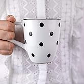 City to Cottage Ceramic Cappuccino Mug with Large Handle, 10oz Coffee Mug for Latte Hot Chocholate Tea, Daily Morning Dring at Home Office Work, Christmas Housewarming Gift White and Black Polka Dot
