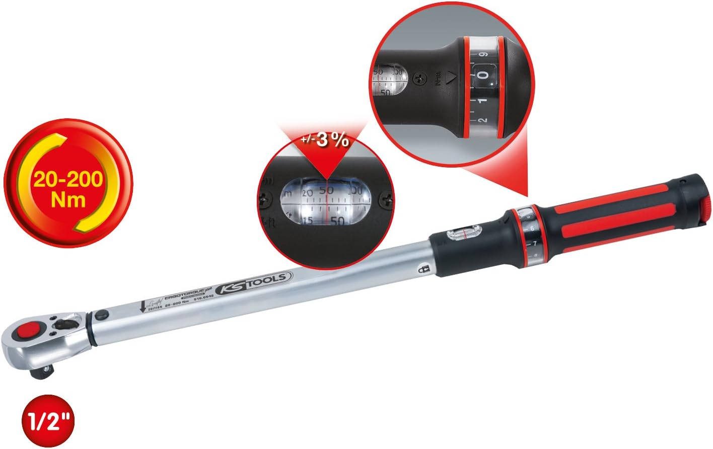 KS Tools 516.6542 Ergotorqueprecision 1/2" Ratcheting Torque Wrench, 40-200 Nm, Red - Image 3