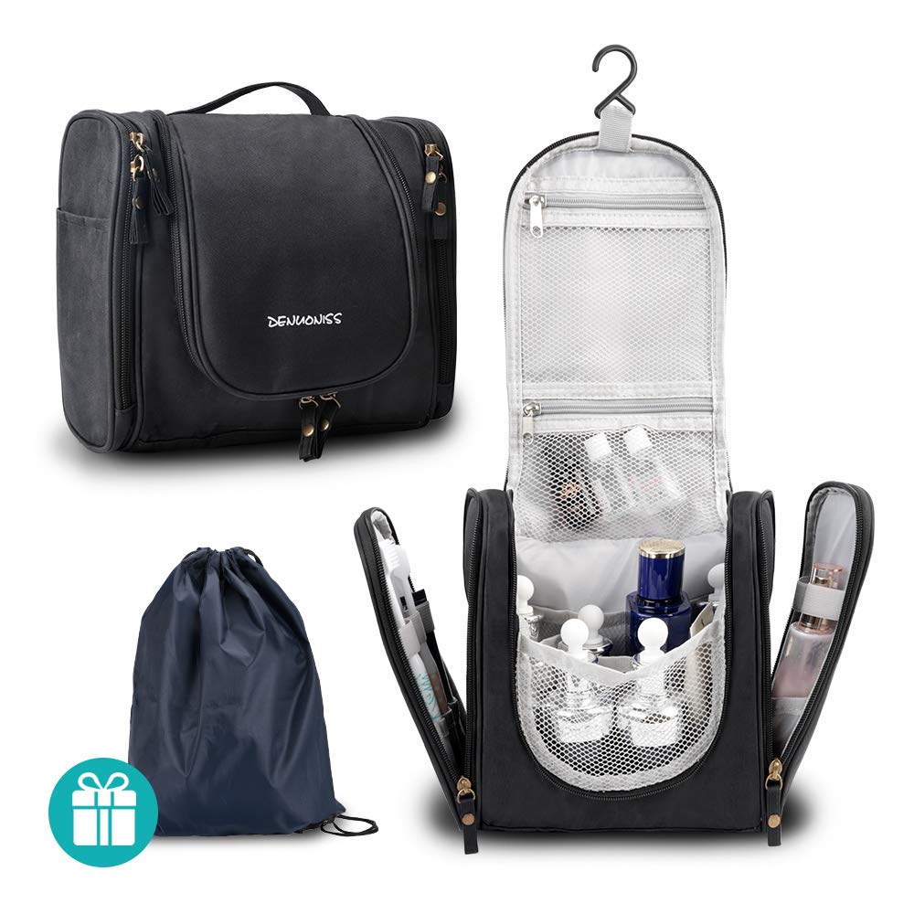 Travel Toiletry Bag for Women & Men, Large Capacity Hanging Cosmetic Travel Organizer With Durable Waterproof Nylon, A Drawstring Backpack Bag, Black