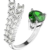 Bellitia Jewelry Vintage 925 Sterling Silver Simulated Emerald & Cubic Zirconia Adjustable Ring for Women, Engagement Promise Green Droplet Motif Ring for Her