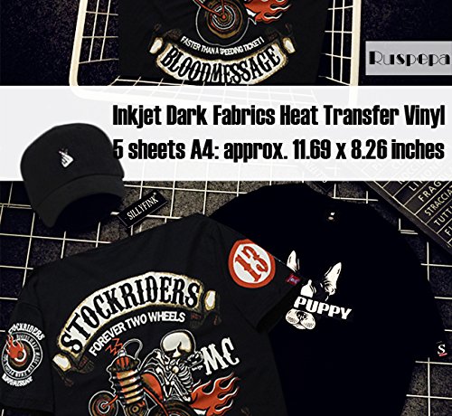 RUSPEPA 11.69 x 8.26 inches Inkjet Iron-on Black or Dark Fabric T-Shirt Transfers, Inkjet Printable Transfer Paper, A4 Sheets 5 Sheets