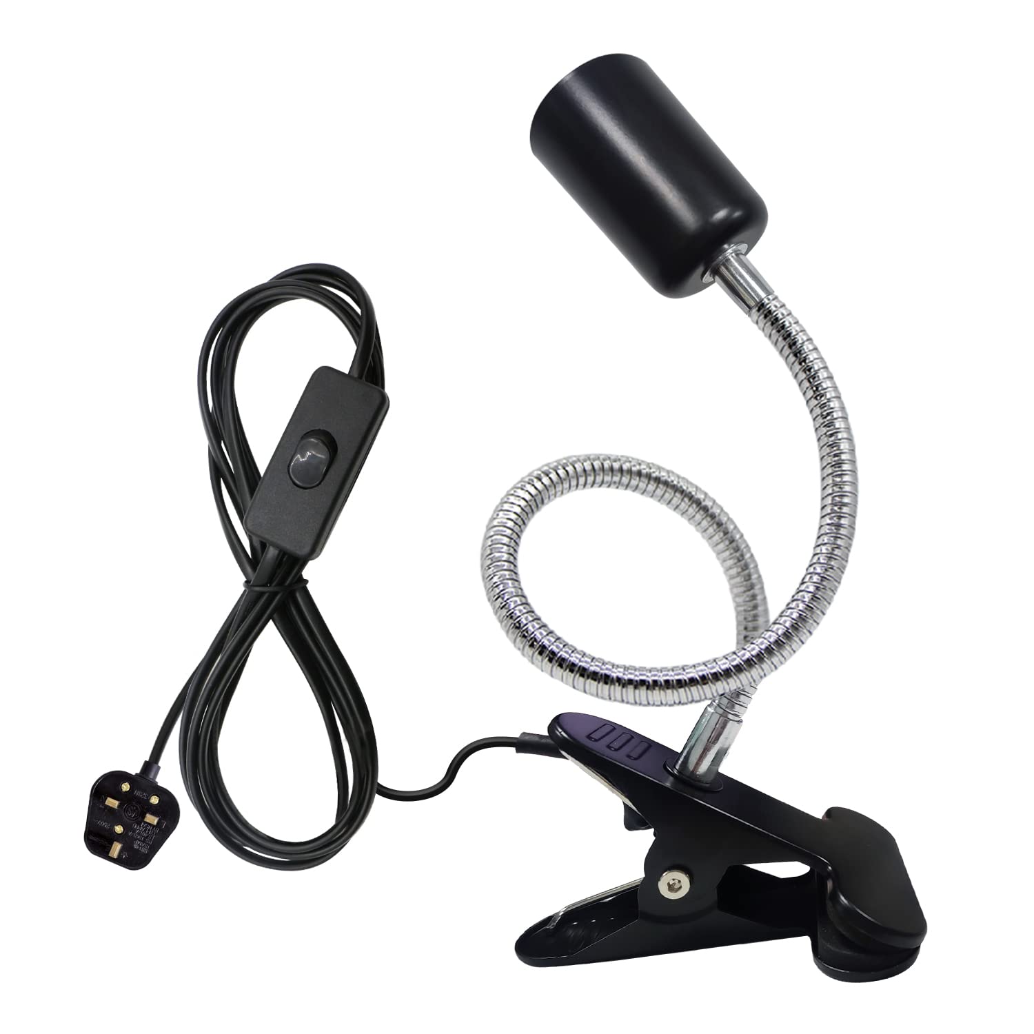 Clip on E27 Bulb Holder Clip on Reading Light with Metal Clip Base 220CM Cable Clamp Lamp Holder 360 Degree Adjustable Neck Clip Lamp Holder Clip on Desk Light with Switch (No Bulb)