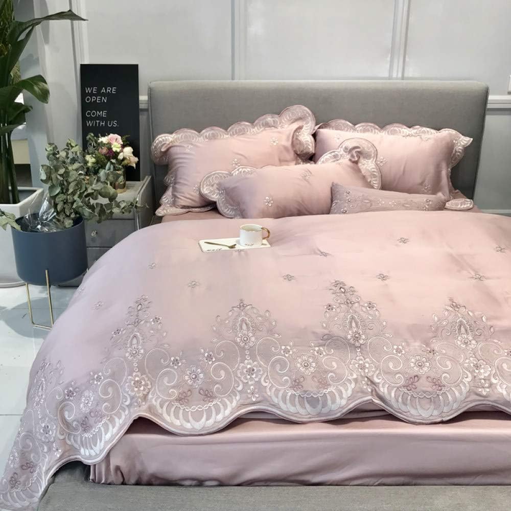 XULIM Four-piece set Princess 100S Egyptian cotton pink Embroidery Bedding sets Lace Duvet cover Bed sheet set Pillowcases 4/6pcs,Color 3,Queen 6pcs