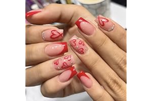 HPYFOI Heart Press on Nails Red French Tip Fake Nails Valentine's Day Nails Press ons with Rhinestone Designs Medium Square Nails Full Cover Glossy Glue on Nails Stick on Nails for Women Manicure 24 Pcs