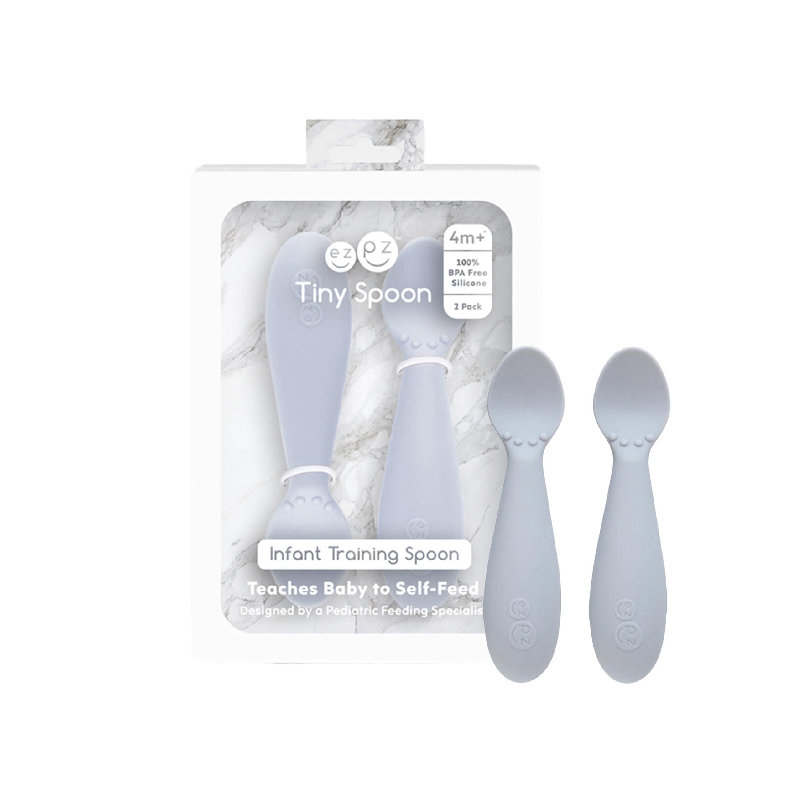 ezpz Tiny Spoon (2 Pack in Pewter) - 100% Silicone Spoons for Baby Led Weaning + Purees - Designed by a Pediatric Feeding Specialist - 6 Months+