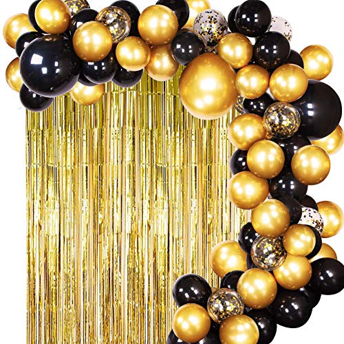 JOYYPOP DIY Black Gold Balloon Garland Arch Kit with Balloons Gold Tinsel Curtain for Wedding Birthday Party Supplies Decorations
