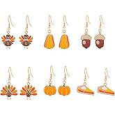 6 Pairs Thanksgiving Day Fall Earrings Fun Enamel Colorful Harvest Pumpkin Turkey Maple Leaf Pine Cone Pumpkin Pie Dangle Drop Earrings Set for Women Autumn Festival Party Holiday Jewelry Decoration