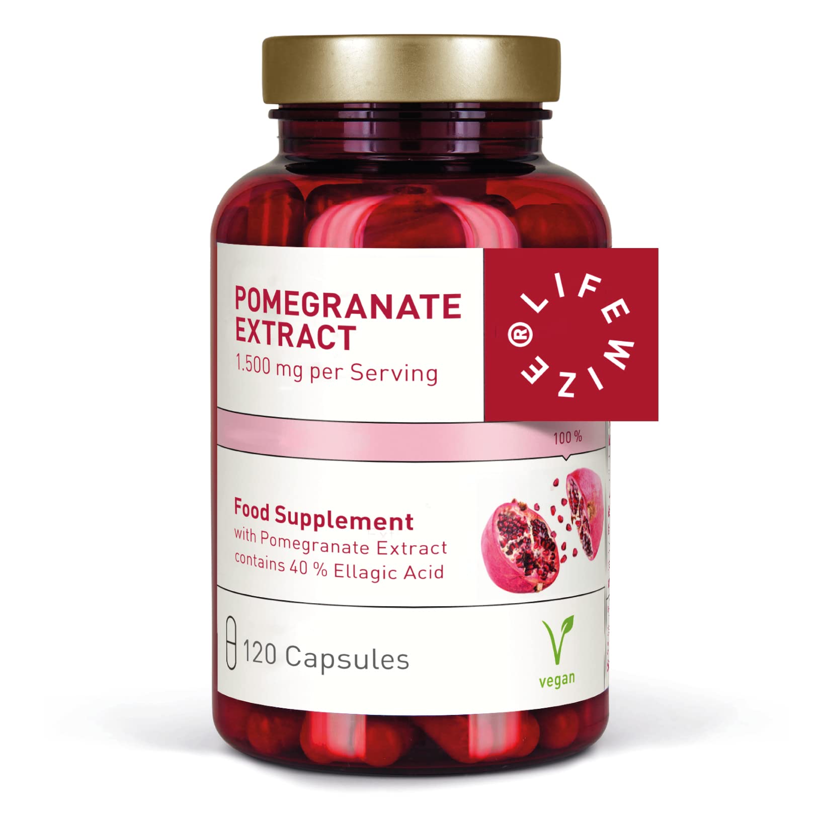 LifeWize® Pomegranate Capsules 1500mg High Dose Extract (Equivalent to 30.000mg by 20:1 Ratio) with 40% Ellagic Acid - Rich in Polyphenols & Antioxidants - 120 Vegan Capsules