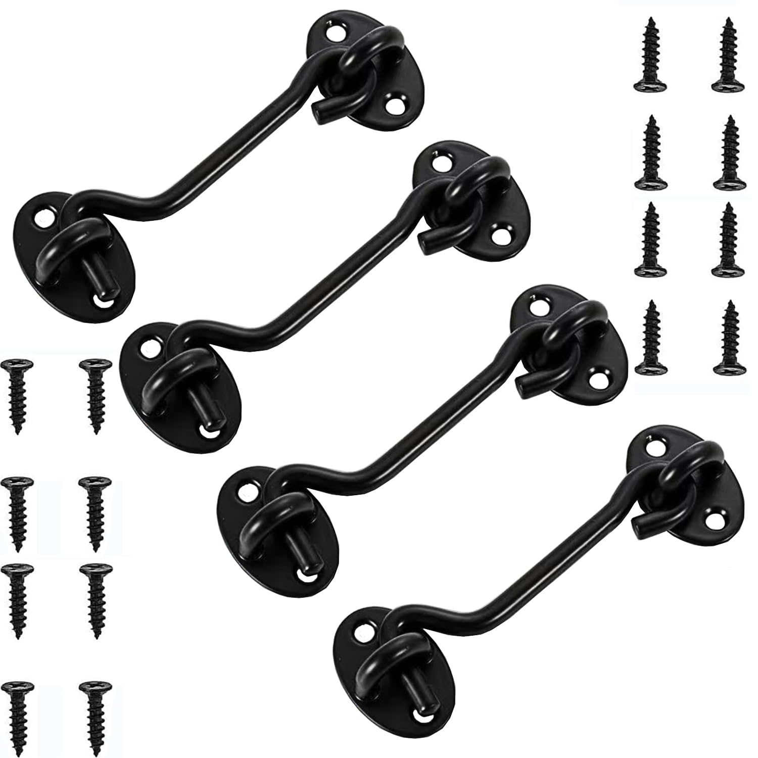VENGABY 4Pcs Hook and Eye Latch,Cabin Hook Gate Hook Lock, Barn Door Gate Latch Latch Stainless Steel, Thicken Window Hook Lock with Mounting Screws for Shed Gate or Garage Door (Black, 4 in)