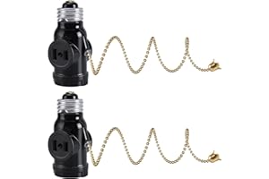 DiCUNO UL Listed E26 to 2 Polarized Outlet Socket Adapter, Pull Chain Switch Control Light Bulb, Standard (Medium) E26 Base to 2-Prong Outlet Plug Splitter Converter, Black, 2-Pack