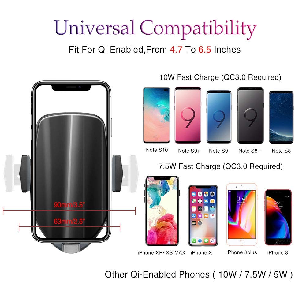 slopehill Wireless Car Charger, Auto-Clamping 10W Qi Fast Wireless Charging Dashboard Car Phone Holder with 360° Air Vent Holder,Compatible with Samsung, 7.5W for iPhone (Style C)